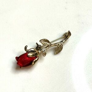 Vintage Red Rose Pin Brooch with Gold Tone Stem Metal 3D Red Painted Petals